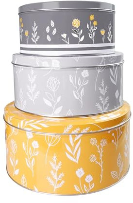 Home-Kitchen-Pets Set of 3 Round Nesting Airtight Cake Storage Tins with Lids – Large, Medium, and Small Food Containers for Biscuits, Sweets, and Bakery Items with Floral Yellow and Gray Pattern