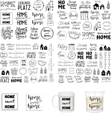 FloraVigo Easy Rub On Sticker,easy rub aufkleber ca.A5 19x14cm-Spruch Deko zum Geburtstag, Keraflott, Hochzeit, Zuhause, Wischfolie für Möbel, Glas, Holz, Fotoalbum, DIY Deko(4PCS) (Home)