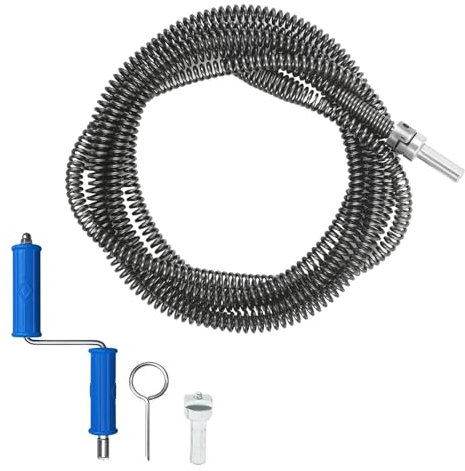 Gemsaya Espiral de limpieza de tuberías de 5 m, diámetro de 10 mm, desatascador de desagüe, eje de limpieza de tuberías multifuncional con adaptadores eléctricos y manuales, limpiador de tuberías con