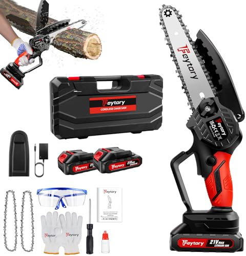Akku Kettensäge 21V, 6 Zoll Rot Mini Kettensäge mit 2 Akkus, 2 Kette, Kettensäge Elektrisch Handsäge Einhand Handkettensäge mit Sicherheitsschloss für Gartenarbeit Baumbeschneidung Holzschneiden
