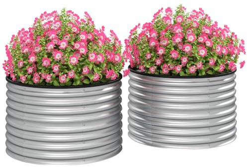 Outsunny Juego de 2 jardineras elevadas Kit Jardinera Redonda Fondo Abierto Juntas de Goma Protectores de Acero galvanizado Plata