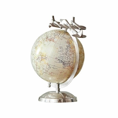 Loberon Deko-Globus Jollysail, Drehbar, Glanzvolles Gestell mit Dekorativem Flugzeug, Stilvolle Kartendarstellung, Dekoration, Kunststoff, Aluminium, Eisen, Silber/Gold