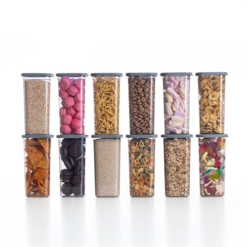 QOONA Luftdichte Vorratsdosen mit Deckel [1500ml - 12er-Set] Anthrazit - Stapelbar & platzsparend für die Küche, Mehl Aufbewahrung, Food Container, Vorratsbehälter, Aufbewahrungsbox