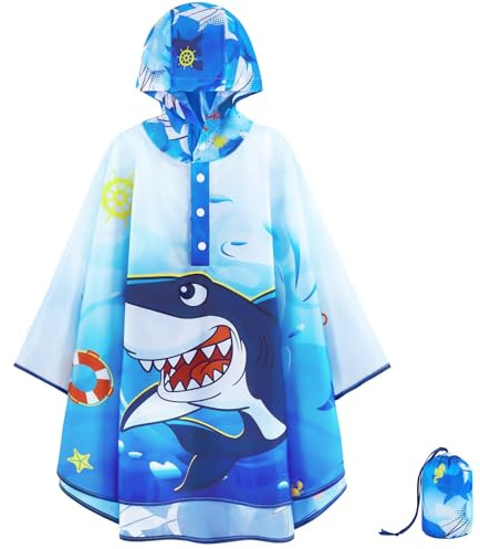 WAWSAM Kids Poncho Waterproof - Shark Rain Poncho for Boys - Lightweight Hooded Raincoat with Storage Bag - Portable Rainwear for School & Travel