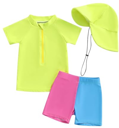 Maillot de Bain Bébé Garçon 3 Pièce Anti UV T-Shirt Manches Longues + Short de Bain + Chapeau de Soleil Costume de Bain Piscine Nataiton Plage (Rose Bleu, 6-12 Months)