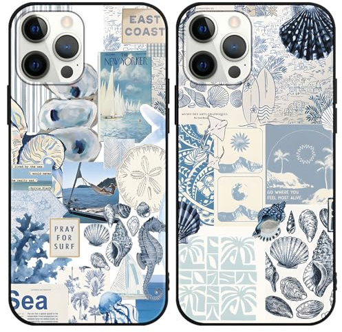Phoona 2 Pack Cute Case for iPhone 12 Pro Max 6.7, European Collage Preppy Summer Girly Design Pattern for Girls Women, Slim Soft Silicone Shockproof Bumper Protector Cover, Blue 04