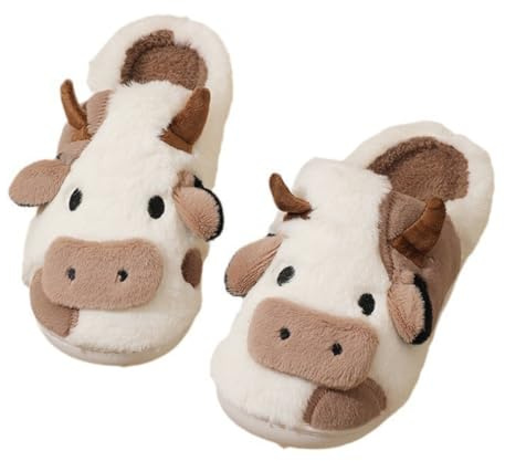 ZNEL Flauschige Baumwoll Hausschuhe Mit Kuh-Cartoon-Motiv Extra Große Pantoffeln Niedlicher Tier-Cartoon Plüsch-Hausschuhe Mit Rutschfester Sohle Für Damen Und Herren(46/47 EU, Brown)