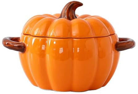 Suppenschüssel mit Henkel, Kürbis Topf Kochtopf, Kürbis Topf Induktion Keramik serviert Backschalen, Kochtopf Kürbisform Behälter Mit Deckel Halloween-dekor, Stockpot (Orange, Große Größe)