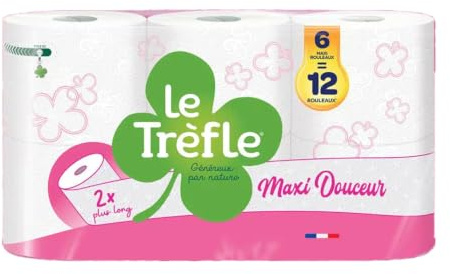 Le Trèfle Maxi Douceur, 6 Rouleaux de Papier Toilette, 2 Plis | 6 Maxi Rouleaux = 12 Rouleaux Classiques, Gaufrage Naturel en Forme de Trèfle, Ouate de Cellulose, Blanc