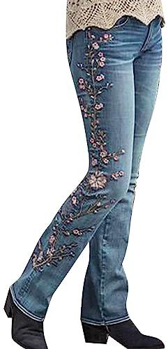 Jeans elasticizzate da donna con fiori, jeans a vita alta in jacquard, denim con ricami vintage, pantaloni eleganti a tubo con tasche, slim fit, boyfriend, pantaloni lunghi per il tempo libero