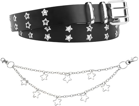 Tastetreasure 2-Teiliges Y2K Set Damen, Schwarzer Nietengürtel mit Sternen-Ösen & Abnehmbarer Sternenkette, Goth Punk Grunge Gürtel für Halloween Kostüme, Party & Streetwear