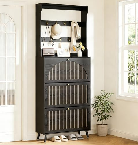Fsbecl Shoe Storage Cabinet with 3 Fluted Flip Drawers & Coat Rack, Black