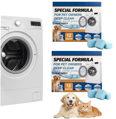 Washing Machine Cleaner for Pet Owners, Pet Hair Remover Washing Machine Cleaner, Deep Clean Descaler for Cat & Dog Hair, Residue, 12pcs Safe Tablets for Top Load, Front Loader, Washer Tub