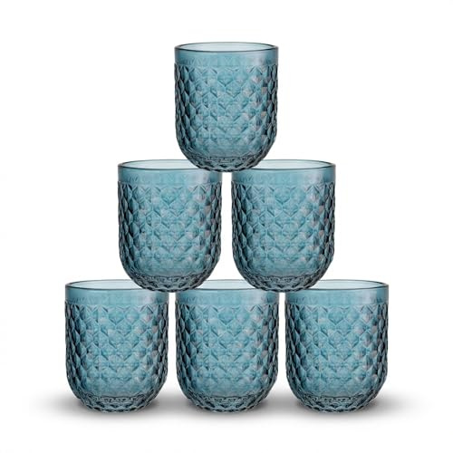 INDE SANTA CLARA | Set 6 Vasos de Cristal Agua 270cc Orbel Azul, Vasos Agua de Vidrio Relieve Azul, Aptos Lavavajillas y Microondas