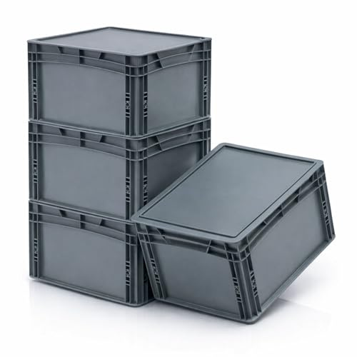 RODOPI 4x Eurobox 40x30x27 cm mit Deckel, ca. 20 L, stapelbarer Eurobehälter aus PP-Kunststoff, Transportbox mit 2 Grifföffnungen, grau