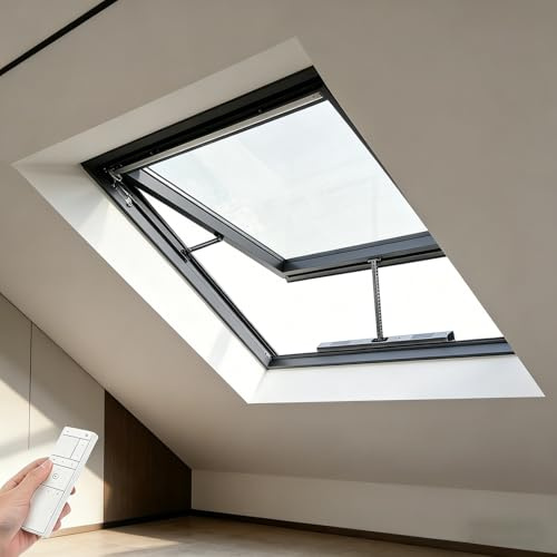Elektrisches Dachfenster mit Regensensor, Dachluke aus Aluminium mit Doppeltem Sicherheitsglas, Dachfenster für Flachdach, Keller, Dachboden(Gray,LxW 60 x 85 cm)