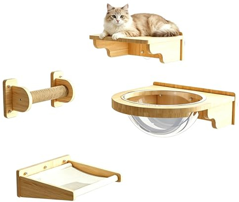 Katzen Kletterwand Set mit Hängematte, Katzenkletterwand aus Kiefernholz, mit Sisal Kratzbaum für Wohnzimmer und Balkon