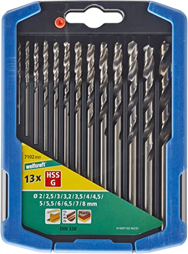wolfcraft Metallbohrer-Set HSS geschliffen, Ø 2-8 mm, 13-tlg. I 7102000 I Für Bohrungen in harte Materialien