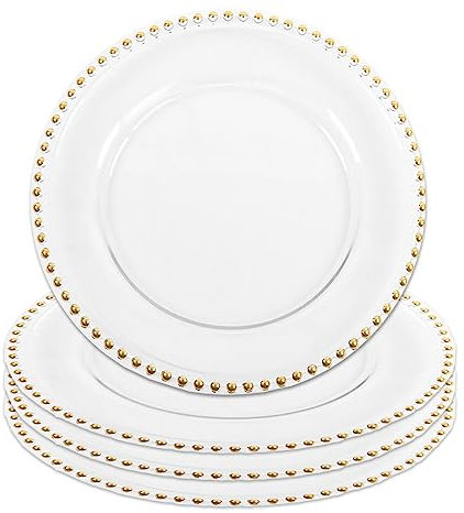 Koyal Wholesale Clear Glass Gold Beaded Couture Charger Plate, 4-pack