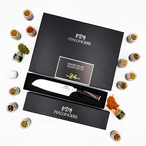 Hallingers Deluxe Selektion 24 & Premium Santoku - Gewürz Geschenkset handmade, Bundle 24 Gewürze & Messer Premium (Set) - Geschenk im Sommer & als perfektes Grillgeschenk | Neues Zuhause Glückwünsche