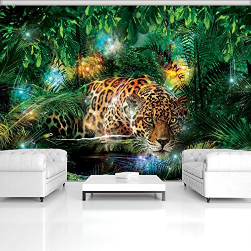 DekoShop Fototapete Vlies Tapete Moderne Wanddeko Wandtapete Jaguar im bunten Dschungel AMD1333V8 V8 (368cm. x 254cm.) Tiere/Fauna