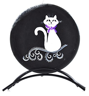 Kerze handbemalt Flachkerze rund schwarz Katzenmotiv PM523