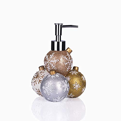 GreenDisplay Mehrfarbiger Seifenspender mit Weihnachtsball-Motiv (Gold, Silber, Bronze und Weiß).