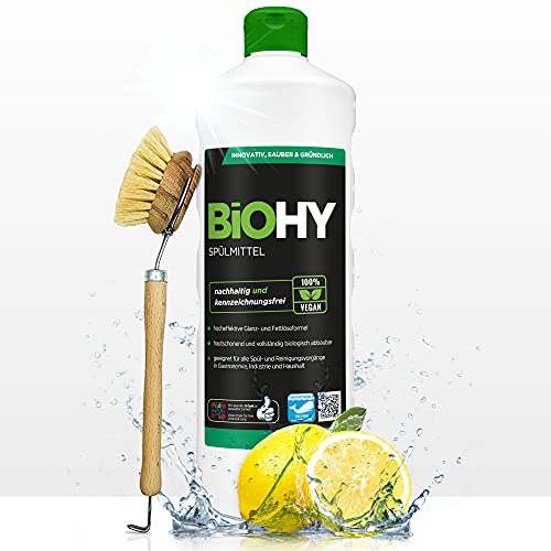 BiOHY Spülmittel (1l Flasche) + Spülbürste | Bio Geschirrspülmittel ohne schädliche Chemikalien | Flüssiger Fettlöser für frischen Glanz | ideal für Spülmittelspender | biologisch abbaubar