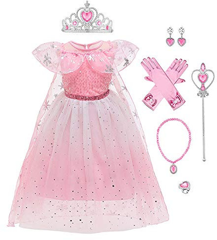 Déguisements Princesse Elsa Anna Robe à Manches Courtes Enfant Fille Cosplay Glace Reine des Neige Costume et Accessoires pour Cérémonie Soirée Anniversaire Mariage Âge Rose-02 3-4 Ans