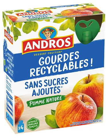 ANDROS - Compote de Fruit - Gourde Recyclable - Sans Sucres Ajoutés - Goût Pomme - Idéal pour le Goûter des Enfants et des Bébés - Lot de 4