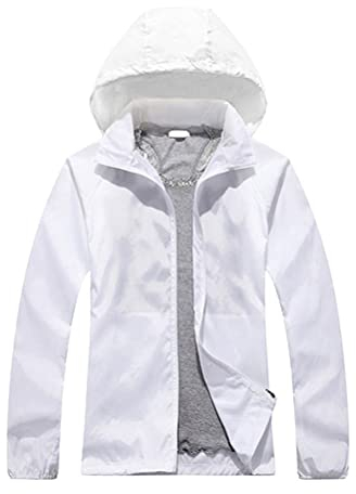 ORANDESIGNE Manteau Imperméable avec Capuche Cape Pluie Coupe Vent Veste Femme Poncho Zippé Veste Anti UV de Protection Solaire pour Voyage Camping Randonnée Vacance Unisexe Blanc L