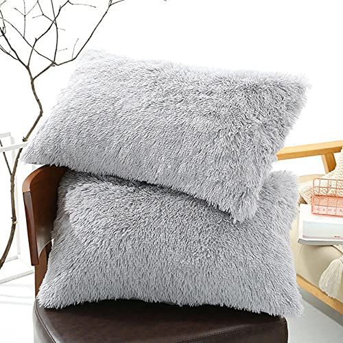 2Pcs / Set Einfarbig Plüsch Kissenbezüge Kunstpelz Shaggy Weiche Kissenbezüge für Wohnzimmer Schlafzimmer Mich Dekor 50*70cm-Hellgrau,50x70cm