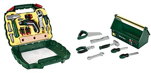 Theo Klein 8394 Bosch Ixolino Koffer I Mit Hammer, Schraubenschlüssel und vielem mehr I Maße: 26,6cm x 32cm x 8,8cm & 8573 Bosch Werkzeug-Box I 7-teiliges Werkzeug-Set I Maße: 30,25cm x 14cm x 17,25cm
