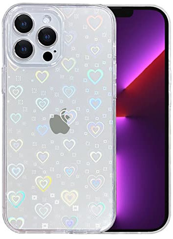 SmoBea Compatible with iPhone 13 Pro (6.1 inch), Clear Glitter Laser love-Heart Soft & Flexible TPU and Hard PC Shockproof Cover Women Girls Slim Light Phone Case