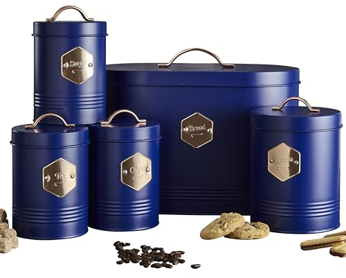 Neo Matte Matt & Copper Metal Badge 5 Kitchen Countertop Canisters Jars Tins Set Tea Coffee Sugar Biscuit Bread Bin Box Food Storage Organiser (Navy)