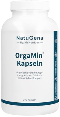 NatuGena OrgaMin Kapseln Säure-Basen-Haushalt, je 450 mg Kalium & Magnesiumcitrat pro Tagesdosis, 14 Mineralstoffe, hoher Magnesiumanteil, Selenkomplex, 300 Kapseln (1 Monats Packung)