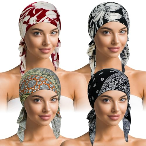 Oumrote 4 Pieces Soft Cotton Chemo Headwear for Women, Stretch Pre-Tied Chemo Head Scarves for Cancer