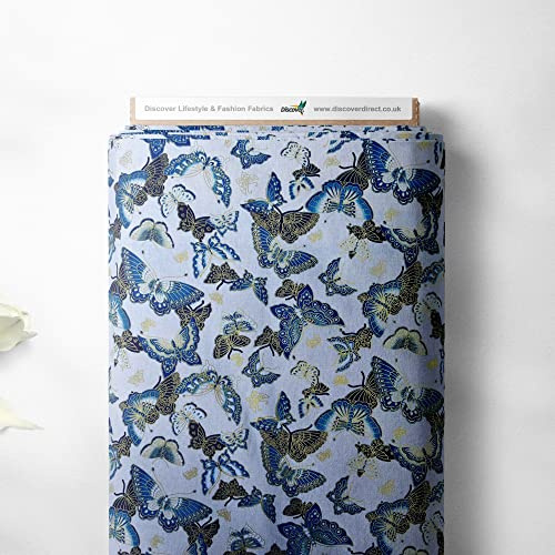 Isumi Stoff aus 100 % Baumwolle, japanisches Schmetterlings-Design, orientalische Metallic-Folie, Qualität, Nähen, Polstermöbel, Möbelstoff, 114 cm breit, Meterware, Weiß