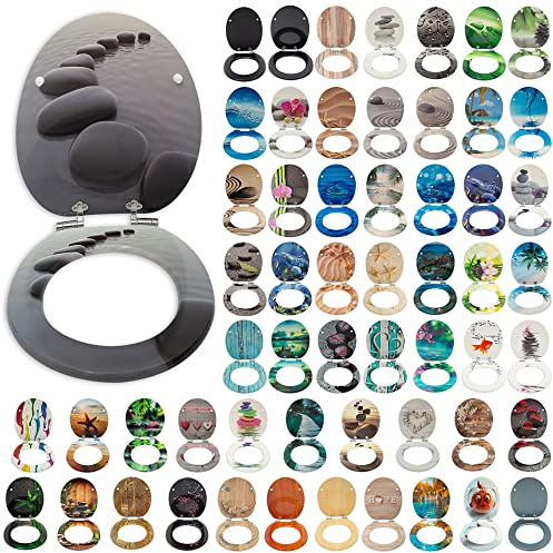 SG Traders® Toilet Seat with Soft Close - Wooden Toilet Seat Cover with Zinc Alloy Hinges, Comfortable Toilet Seat Covers with Colorful Designs Easy to Install, Assembly (Black Pebble)
