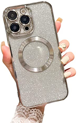 Ownest Kompatibel mit iPhone 12 Pro Max Hülle Magnet Hülle Kompatibel mit Magsafe,Glitter Aesthetic Handyhülle Pailletten Kameraschutz Case Mode Luxus TPU Cover-Silber