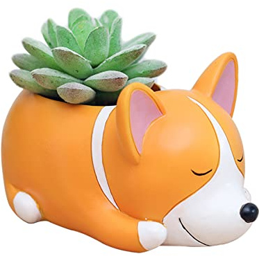 DIYOMR Hundeförmiger Übertopf aus Kunstharz, Blumentopf, Behälter, Cartoon-Hundestatue, Übertopf, Kaktus-Töpfe, Mini-Sukkulenten-Pflanzgefäße für Innen- und Außenpflanzen, Büro, Heimdekoration (Corgi)