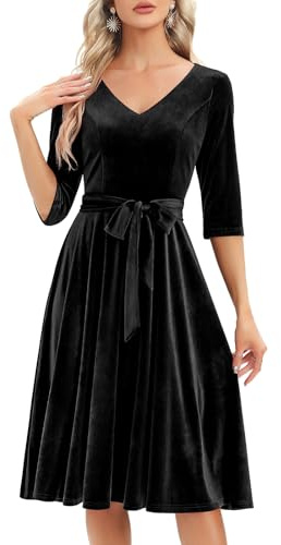 Bbonlinedress Rockabilly, abito da donna a 3/4 con scollo a V, a maniche lunghe, abito da cocktail vintage, velluto-nero, XXL
