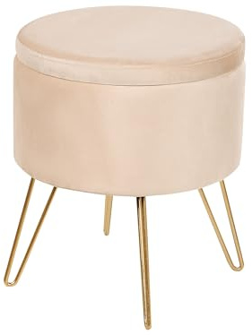 Beliani Pouf Hocker Samt Hellbeige rund ⌀42 cm mit Stauraum goldenen Beinen modern Silas