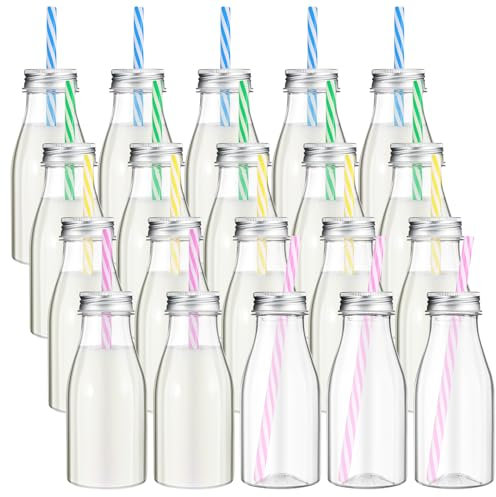 Yinkin Kunststoff-Milchflaschen mit Strohhalmen, Metalldeckel, transparente Kunststoffbehälter für Milchmilch, Party, Säfte, Shakes, Smoothies, 237 ml, Pastellfarben, 20 Stück