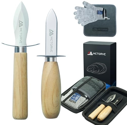 MCTGRVE Austernmesser- und Handschuh-Set – Austern-Shucker-Set mit 2 Austernmessern, 1 Paar Schutzhandschuhe, 1 Küchentuch, Meeresfrüchteöffnerwerkzeug in einer Aufbewahrungstasche (schwarz), tolles