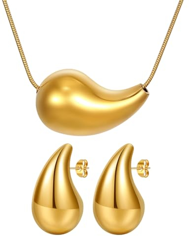 Flongo Gold Tropfen Ohrringe Halskette: 18K Dupes chunky Ohrstecker Damen Drop statement Earrings mit golden charm Kette vergoldet Wassertropfen Anhänger dick Schmuckset Geschenk für Frauen Mädchen