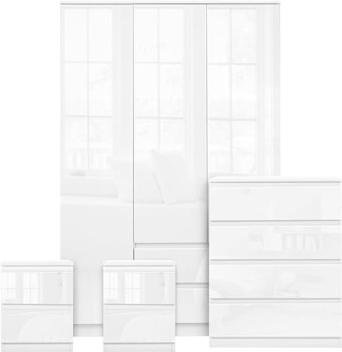 Blisswood High Gloss 4 Piece Bedroom Set With 3 Door Wardrobe & 4 Drawer Chest of Drawer + 2 Drawer 2 Bedside Table Cabinet Bedroom Furniture Set for Bedroom Storage furniture (White)
