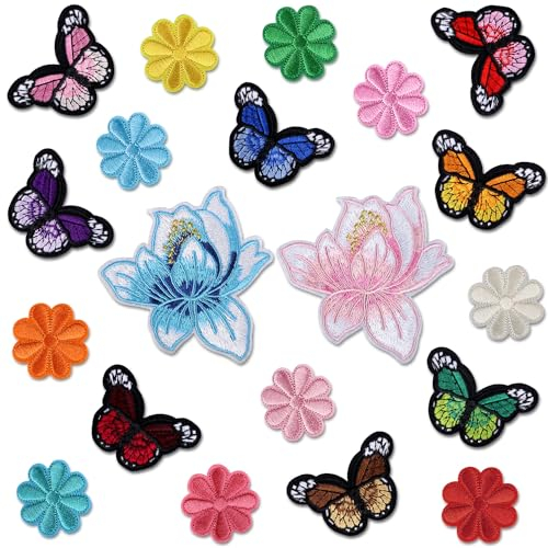 Ezydka Butterfly Lotus Flower Iron On Patches 20 Pcs Applique Patches for Clothing, Embroidery Patches Flower Embroidered Patches for DIY Crafts T-Shirt Pants Bags Hat Jeans