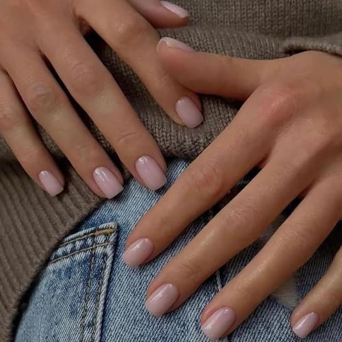 MrCuvaryas Press on Nails Kurz, Square Nägel zum Aufkleben Fake Nails Künstliche Fingernägel mit Nagelkleber, Glossy Einfarbige Kunstnägel zum Aufkleben NailTips für Frauen (Light Nude, 24pcs)