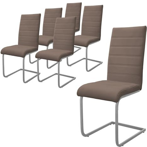 ML-Design Esszimmerstühle 6er Set, Braun, Schwingstuhl, Freischwinger Stuhl mit hoher Rückenlehne, Ergonomische Küchenstühle aus Kunstleder & Metall, Moderner Polsterstuhl für Esstisch & Wohnzimmer